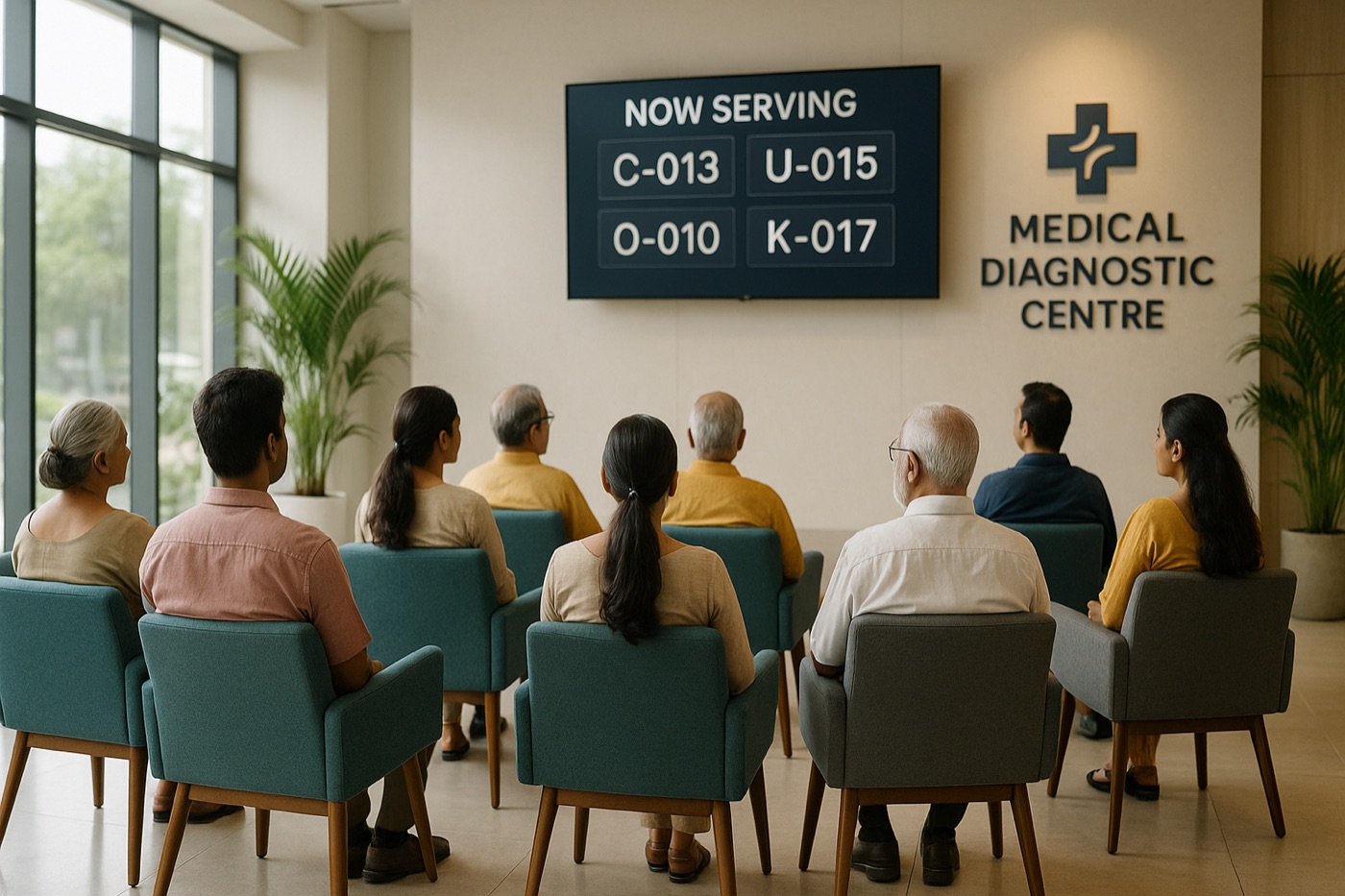 Patients relaxing in a modern clinic waiting area watching the live display TV panel