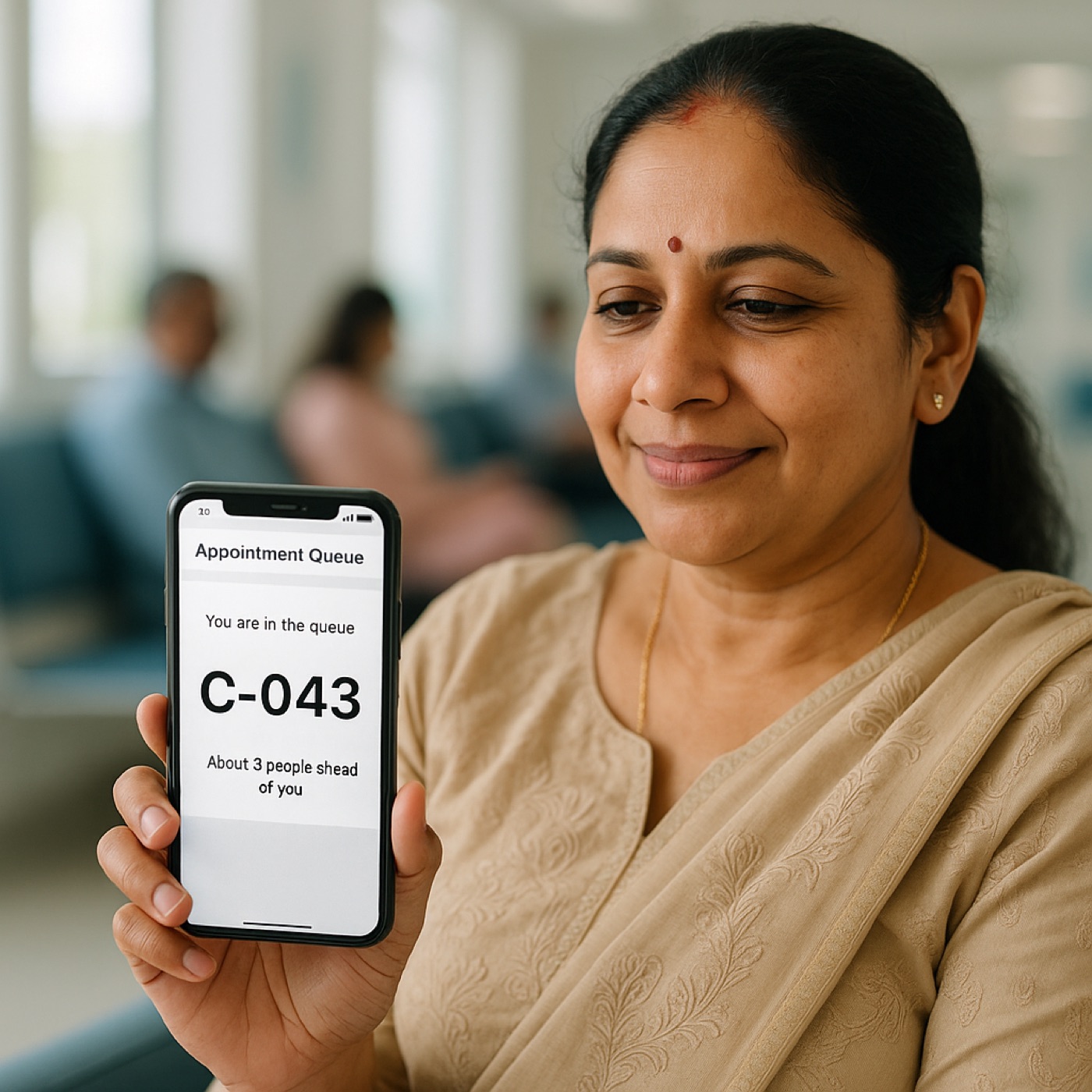 Patient tracking her queue token on WhatsApp in a clinic waiting area